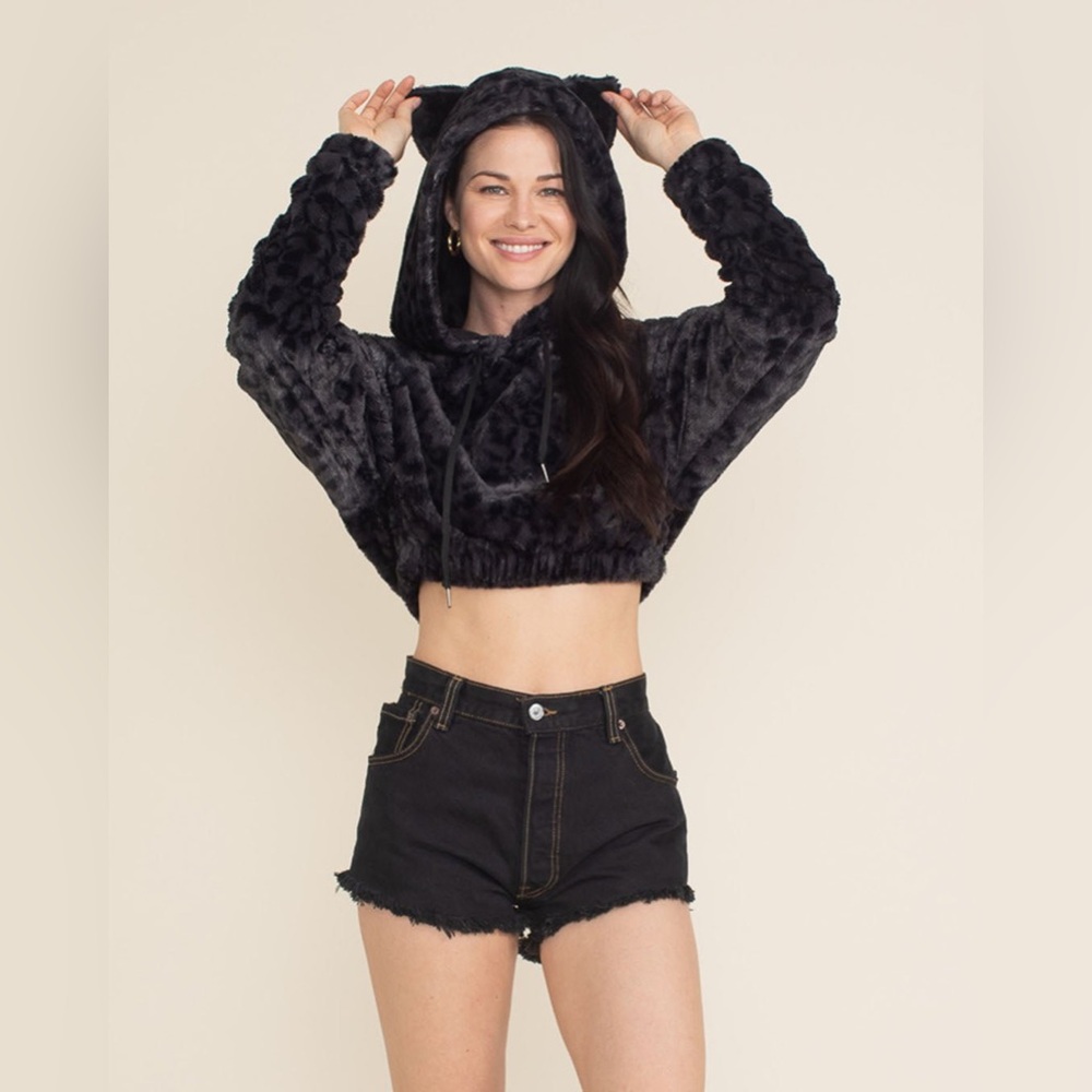 SpiritHoods Slate Leopard Faux Fur Crop Hoodie 🐾 Size S – SOLD OUT